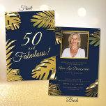 Invitation En Aluminium Elégant Gold Blue Photo 50th Fabulous Birthday<br><div class="desc">Ce design combine avec raffinement les tons bleu foncé et les accents d'or métallique pour créer un look et une atmosphère classique et élégante. Convient pour les célébrations d'étape comme un 50e anniversaire, il peut s'appliquer aux invitations, aux cadeaux, à la décoration de fête et aux cadeaux personnalisés. Son style...</div>