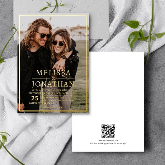 Invitation En Aluminium Elegant Gold Border Script Photo QR Code Mariage