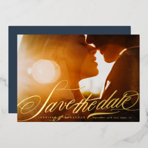 Invitation En Aluminium Elégant Gold Calligraphie Photo Enregistrer La Dat