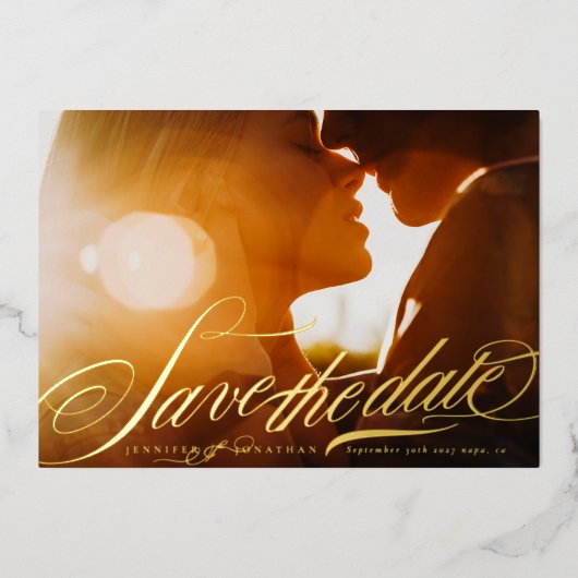Invitation En Aluminium Elégant Gold Calligraphie Photo Enregistrer La Dat (Recto)