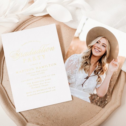 Invitation En Aluminium Elégant Gold Calligraphy Photo Graduation Party