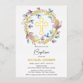 Invitation En Aluminium Elégant Gold Cross Baptism Floral (Recto)