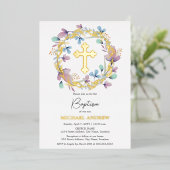 Invitation En Aluminium Elégant Gold Cross Baptism Floral (Debout devant)