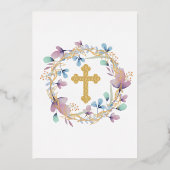 Invitation En Aluminium Elégant Gold Cross Baptism Floral (Verso)