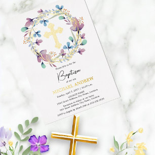 Invitation En Aluminium Elégant Gold Cross Baptism Floral