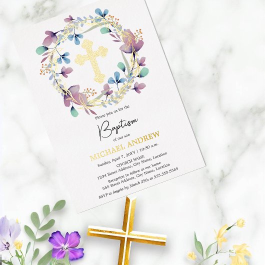 Invitation En Aluminium Elégant Gold Cross Baptism Floral