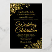 Invitation En Aluminium Elégant Gold Floral Frills Classic Black Mariage (Recto)