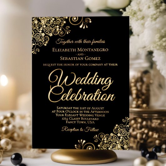 Invitation En Aluminium Elégant Gold Floral Frills Classic Black Mariage