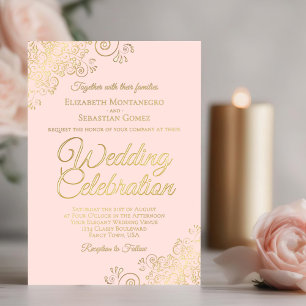 Invitation En Aluminium Elégant Gold Floral Frills sur Blush Pink Mariage