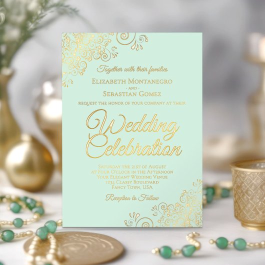 Invitation En Aluminium Elégant Gold Floral Frills sur Mint Green Mariage