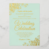 Invitation En Aluminium Elégant Gold Floral Frills sur Mint Green Mariage (Recto)