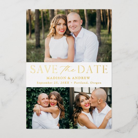 Invitation En Aluminium Elegant Gold Foil 3 Photo Enregistrer la date (Recto)