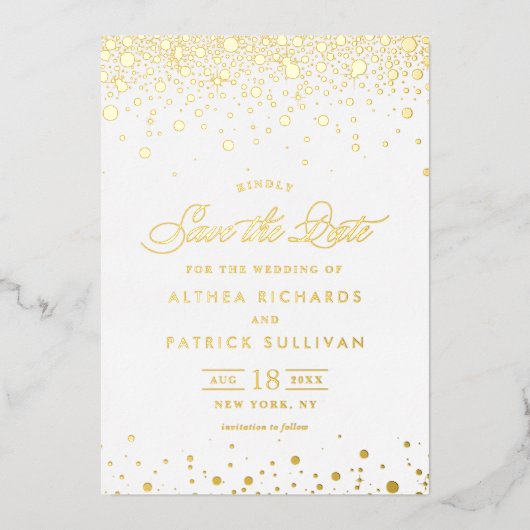 Invitation En Aluminium Elegant Gold Foil Confeti Dots Save the date (Recto)