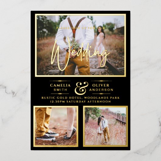 Invitation En Aluminium Elégant GOLD FOIL Photo Collage Mariage noir (Recto)