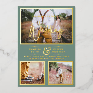 Invitation En Aluminium Elégant GOLD FOIL Photo Collage Mariage Sage