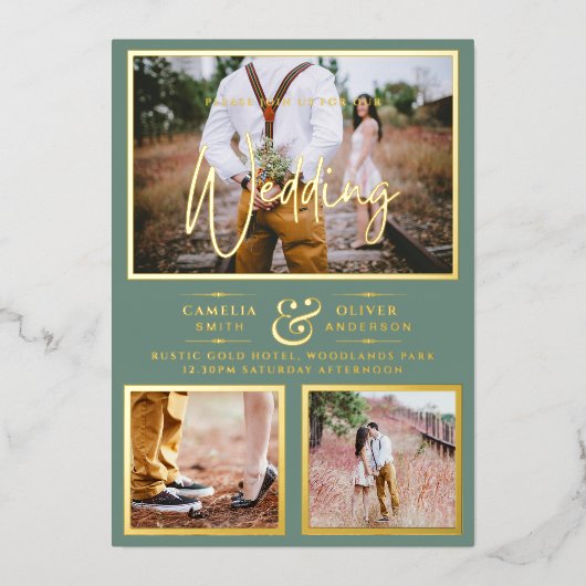 Invitation En Aluminium Elégant GOLD FOIL Photo Collage Mariage Sage (Recto)