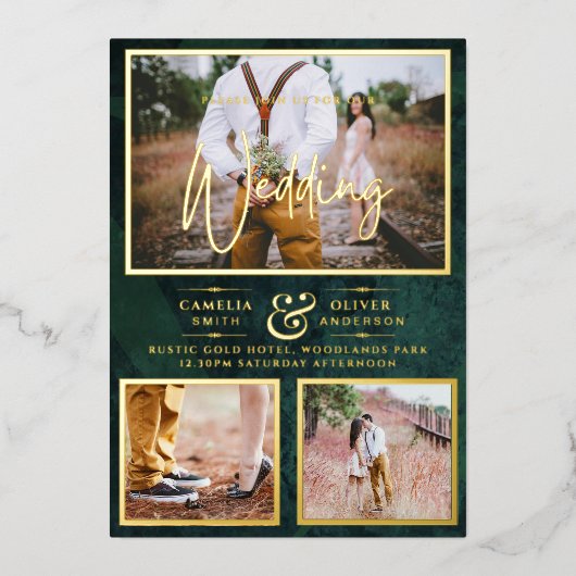 Invitation En Aluminium Elégant GOLD FOIL Photo Collage Mariage vert (Recto)