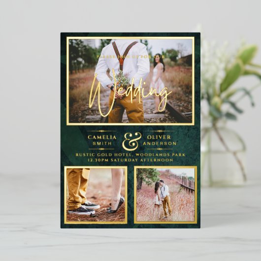 Invitation En Aluminium Elégant GOLD FOIL Photo Collage Mariage vert (Debout devant)