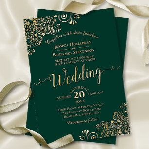 Invitation En Aluminium Elégant Gold Frills sur Emerald Green Mariage