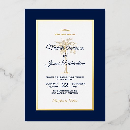 Invitation En Aluminium Elégant Gold Navy Blue Palm Tree Beach Mariage (Recto)