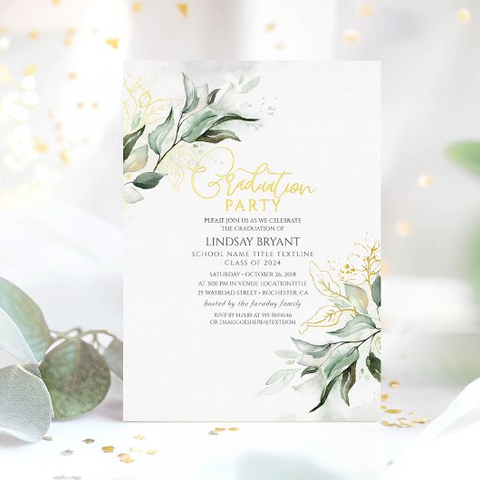Invitation En Aluminium Elégant Gold Sage Green Boho Graduation Party