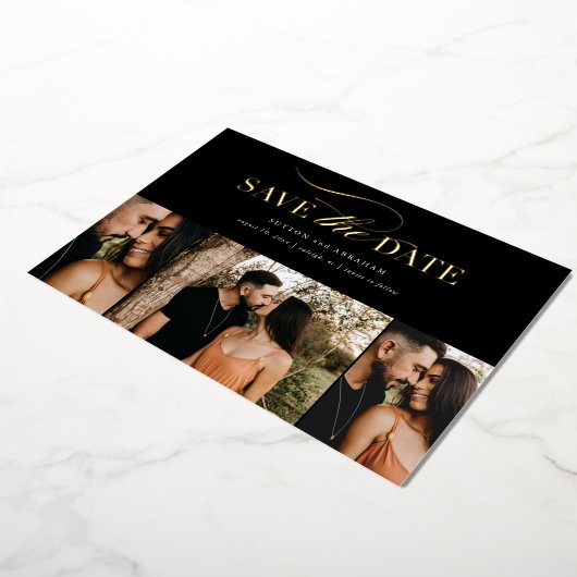 Invitation En Aluminium Élégant Gold Script 3 Photo Collage Enregistrer la (Rotation)