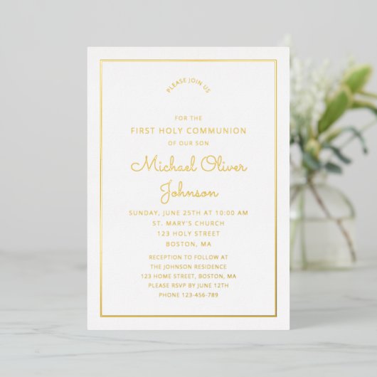 Invitation En Aluminium Élégant Gold Script Marine Blue First Communion (Debout devant)