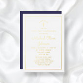 Invitation En Aluminium Élégant Gold Script Marine Blue First Communion