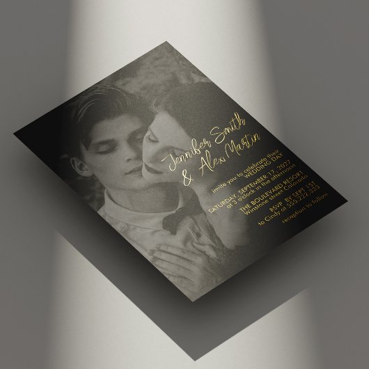 Invitation En Aluminium Elegant Gold Script Portrait Mariage photo