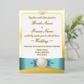 Invitation En Aluminium Elégant Gold & Turquoise Pearl Ribbon Mariage phot (Debout devant)