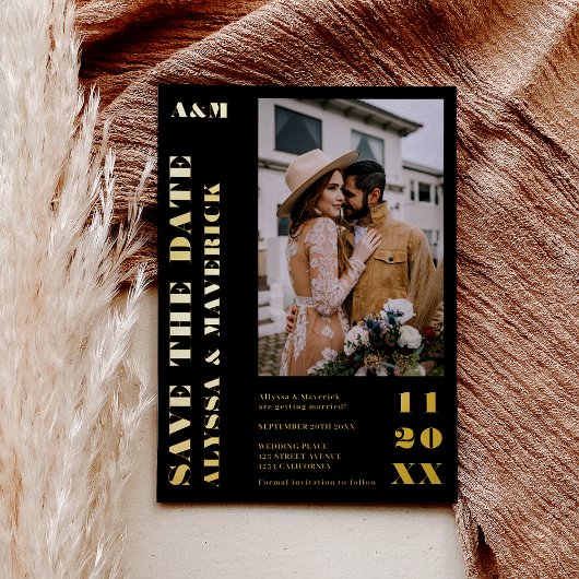 Invitation En Aluminium Élégant Gras simple or noir 2 photos mariage