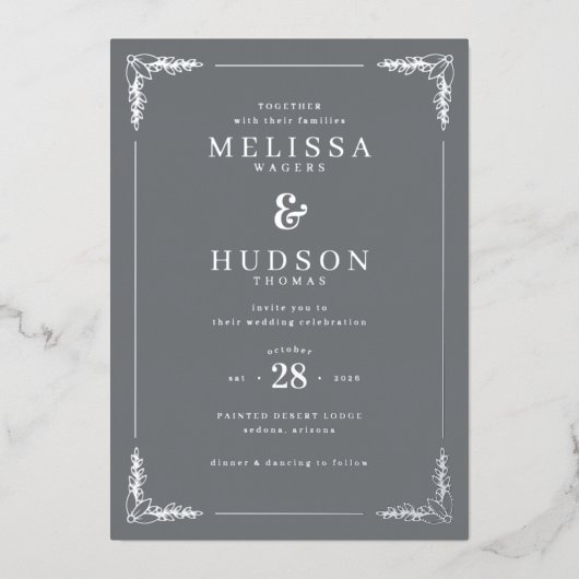 Invitation En Aluminium Elegant Gray Calligraphy With Floral (Recto)