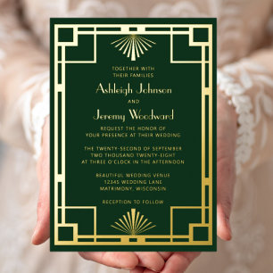 Invitation En Aluminium Elégant Green Gold Geo Vintage 1920 Déco Mariage