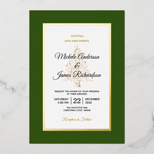 Invitation En Aluminium Elégant Green Gold Mariage de vacances hiver (Recto)
