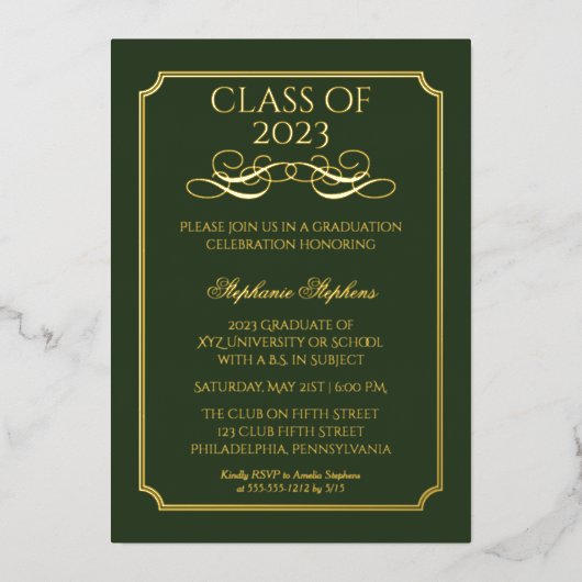 Invitation En Aluminium Élégant Green University Graduation Party Gold (Recto)