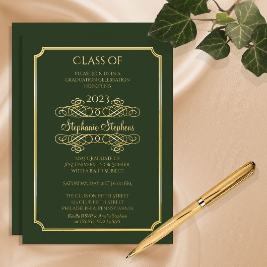 Invitation En Aluminium Élégant Green University Graduation Party Gold