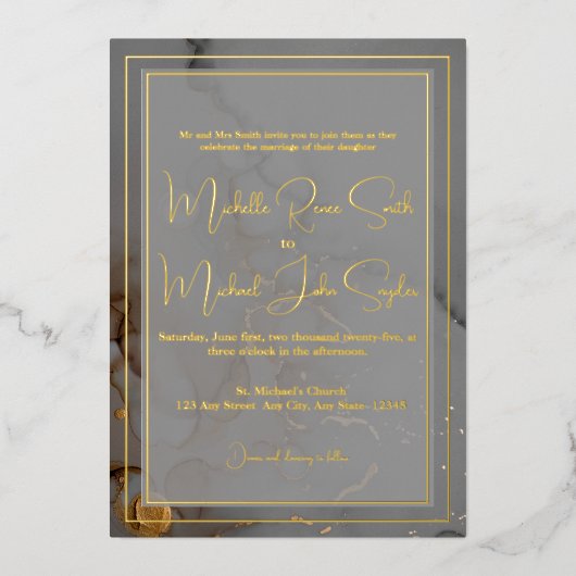 Invitation En Aluminium Elégant Gris Mariage d'encre d'alcool or (Recto)