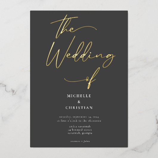 Invitation En Aluminium Élégant Gris Noir Calligraphie Mariage de script (Recto)