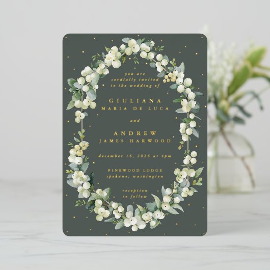 Invitation En Aluminium Elégant Gris Vert Snowberry+Eucalyptus Mariage (Debout devant)