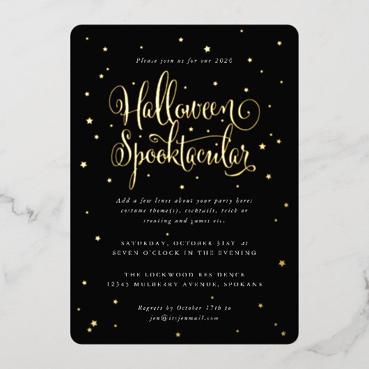 Invitation En Aluminium Élégant Halloween noir/or Spooktacular + étoiles (Recto)