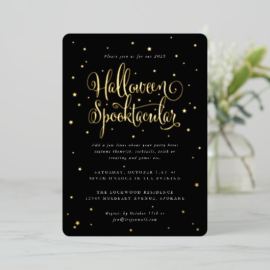 Invitation En Aluminium Élégant Halloween noir/or Spooktacular + étoiles (Debout devant)