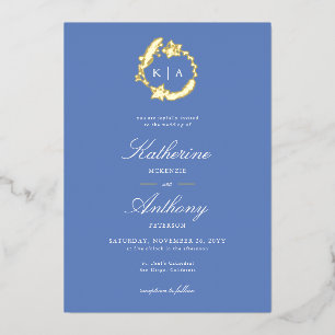 Invitation En Aluminium Élégant Hiver Blue Gold Crest Monogrammes Mariage