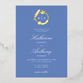 Invitation En Aluminium Élégant Hiver Blue Gold Crest Monogrammes Mariage (Recto)