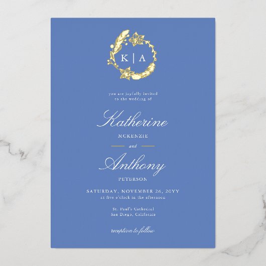 Invitation En Aluminium Élégant Hiver Blue Gold Crest Monogrammes Mariage (Recto)