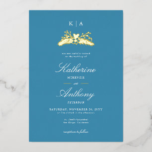 Invitation En Aluminium Élégant Hiver Blue Gold Heart Monogrammes Mariage