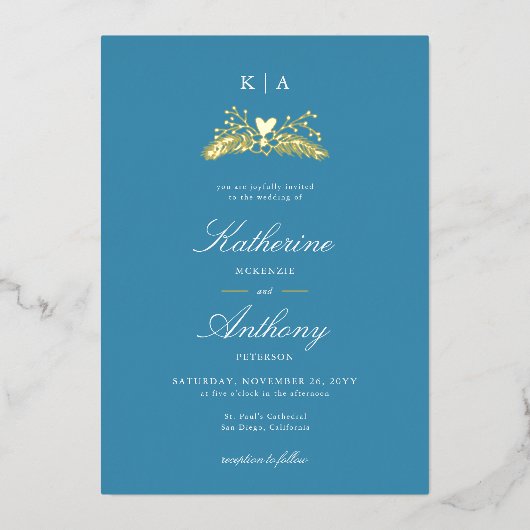 Invitation En Aluminium Élégant Hiver Blue Gold Heart Monogrammes Mariage (Recto)