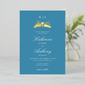 Invitation En Aluminium Élégant Hiver Blue Gold Heart Monogrammes Mariage (Debout devant)