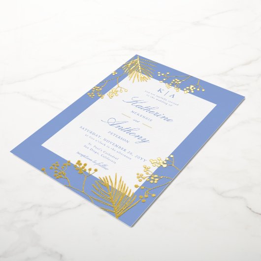 Invitation En Aluminium Élégant hiver Botaniques d'or Monogrammes Mariage (Rotation)