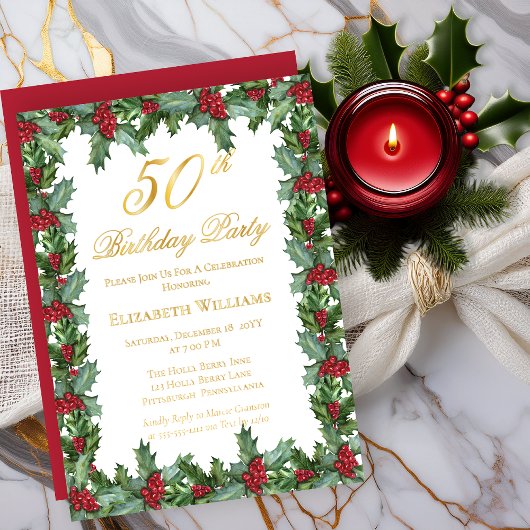 Invitation En Aluminium Elegant Holly | Berries Frame 50e fête d'anniversa