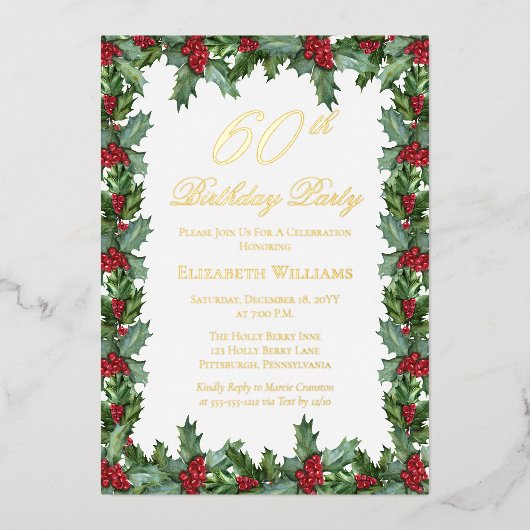 Invitation En Aluminium Elegant Holly | Berries Frame 60e fête d'anniversa (Recto)